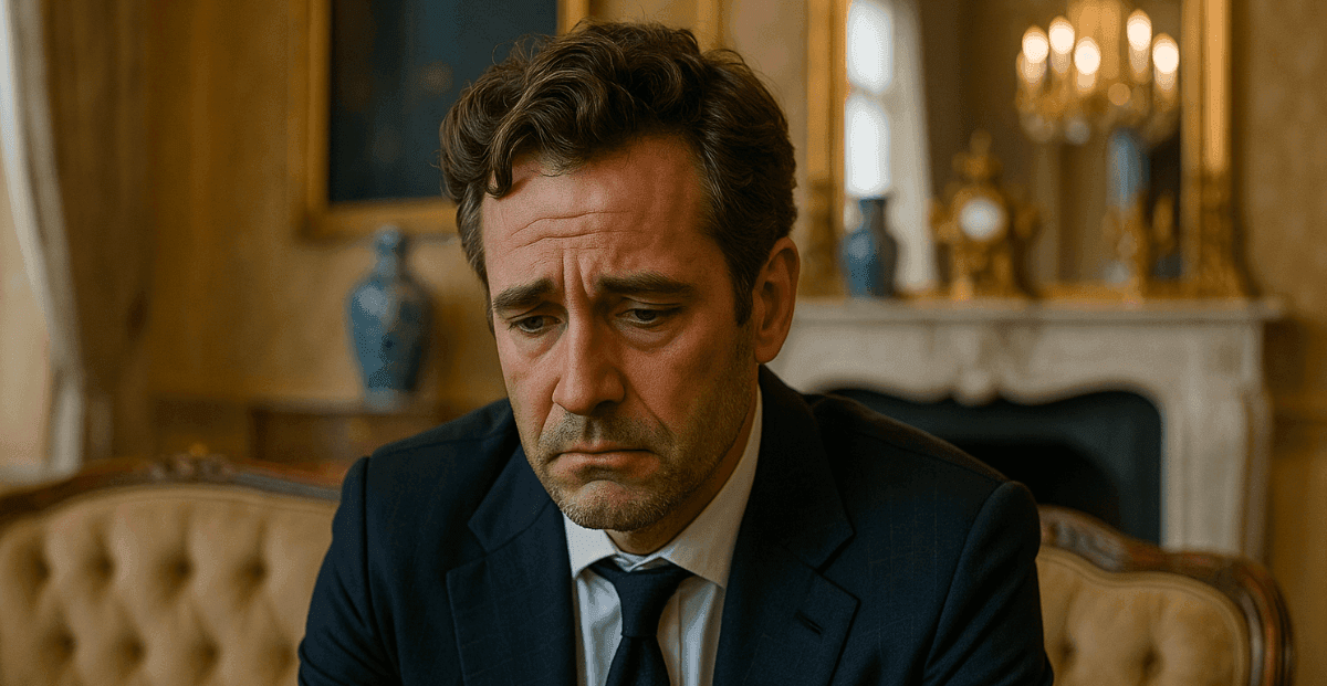 Um homem rico, bem vestido em um ambiente super sofisticado, porém triste.