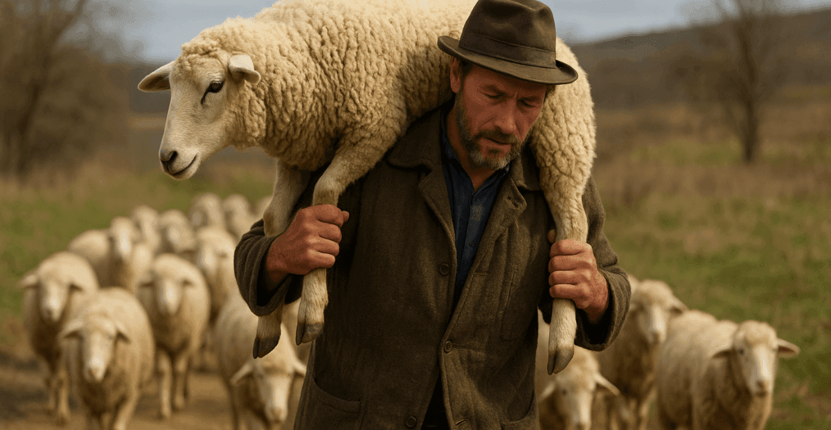 Um pastor de ovelhas levando uma ovelha no ombro e varias ovelhas vindo logo atrás dele.