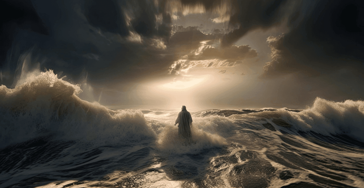 Jesus andando sobre as aguas em um mar revolto.