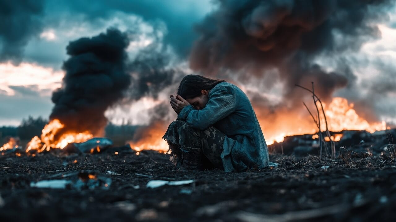Uma mulher sentada no chão em um cenário de destruição que teve os seus planos frustrados.