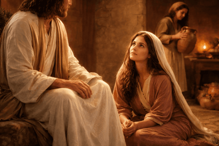Maria sentada aos pés de Jesus enquanto Marta serve, história de Marta e Maria em Lucas 10:38-42